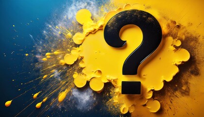 Poster - A bold question mark surrounded by vibrant yellow paint splashes on a blue background, symbolizing inquiry and creativity.