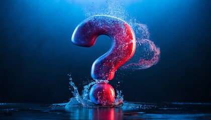 Poster - A vibrant 3D rendering of a question mark, surrounded by splashes of water and illuminated with blue lighting.