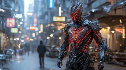 Poster - Futuristic sci-fi character with sleek metallic suit urban cityscape digital art cyberpunk environment dynamic viewpoint