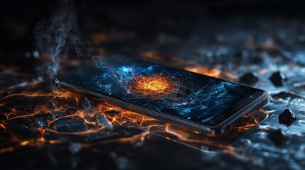 Poster - High-tech gaming phone with glowing screen design urban setting digital art vibrant environment close-up futuristic concept