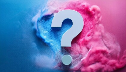 Poster - A colorful question mark surrounded by vibrant blue and pink smoke or powder, symbolizing curiosity and creativity.