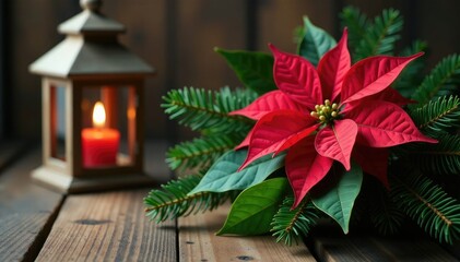poinsettia and evergreen branches in a wooden lantern, christmas flower, wood