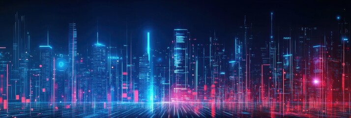 Aufkleber - Glowing cityscape with neon skyscrapers illuminating the night sky in a vibrant urban setting. Generative AI
