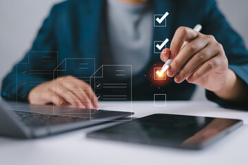 Poster - Inspector makes mark on the survey topic, Checklist with checkmarks and checkboxes, checklist ideas, online quality assessment, checkbox to conduct opinion and quality surveys or satisfaction