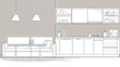 © Pannee - A contemporary kitchen-living room combo featuring white cabinets, a sofa, and a dining table.