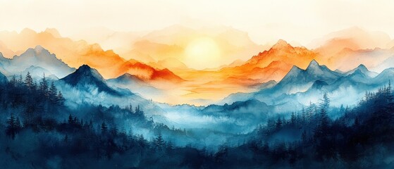 Serene Abstract Landscape Watercolor Art Background Blue Yellow Gradient