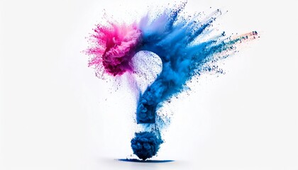 Poster - An abstract splash of blue and pink powder forms a question mark, symbolizing curiosity and creativity in a vibrant, artistic composition.