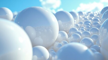Poster - Abstract 3D Render of Glossy White Spheres against a Blue Sky Background: A Digital Art Creation
