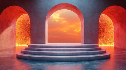 Poster - Abstract Architectural Design: Circular Steps and Sunset View through Arches