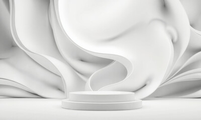 Poster - smooth white podium against wavy background creates serene and elegant atmosphere, perfect for showcasing products or presentations