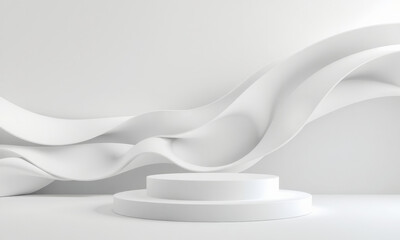 Poster - Minimalist white podium with wavy background creates serene atmosphere, perfect for presentations or displays. smooth curves add elegance and modernity to any setting