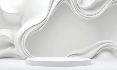 Poster - smooth white podium against wavy background creates serene and elegant atmosphere, perfect for showcasing products or presentations