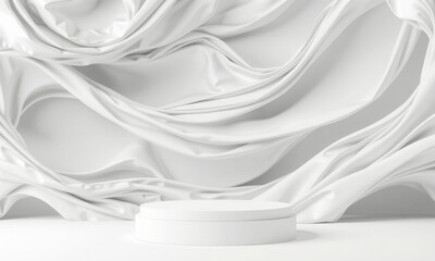 Poster - white podium stands against wavy fabric background, creating serene and elegant atmosphere. soft folds of fabric enhance minimalist design, perfect for showcasing products