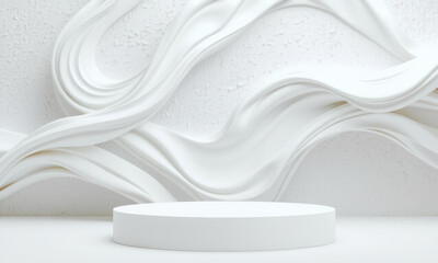 Poster - white podium with wavy background creates modern and elegant display. smooth curves and textures evoke sense of sophistication and minimalism