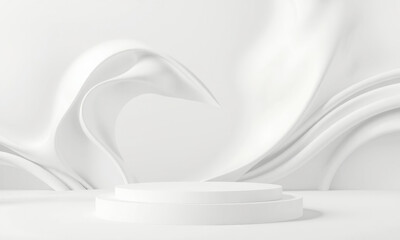 Poster - Minimalist white podium with wavy background creates serene atmosphere, perfect for showcasing products or presentations. smooth curves add elegance and depth