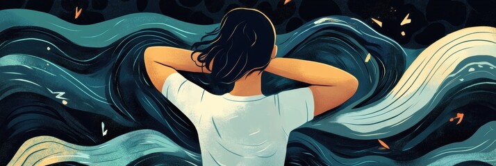 Aufkleber - Person experiencing pain surrounded by abstract waves and geometric shapes in a dramatic, colorful design. Generative AI