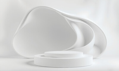 Poster - Minimalist white podium with wavy background, creating serene and modern atmosphere. Ideal for product displays or artistic presentations