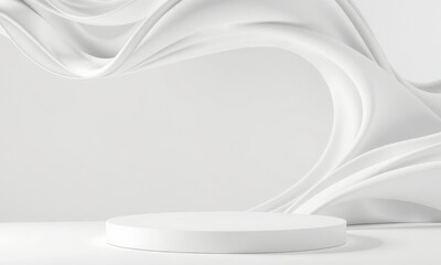 Poster - Minimalist white podium with wavy background, creating serene and elegant atmosphere, perfect for showcasing products or presentations