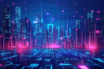 Wall Mural - Cityscape featuring glowing skyscrapers and vibrant neon lights at night creating a futuristic urban atmosphere. Generative AI