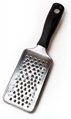 Rectangular metal grater with black handle isolated on white background. (1)