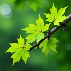 Fresh green sycamore maple leaves perched on a sturdy branch with intricate twig details , foliage, branches, spring