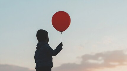 Wall Mural - Silhouette of child holding red balloon at sunset.