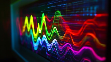 Wall Mural - Abstract colorful waveform data visualization on a dark background.