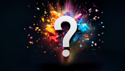 Poster - A colorful explosion of paint surrounds a large question mark, creating a vibrant and artistic visual representation of inquiry and creativity.