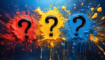 Poster - A vibrant splash of paint with three large question marks in black, set against a colorful background of red, yellow, and blue.