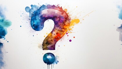 Poster - A colorful watercolor question mark on a white background, symbolizing inquiry, curiosity, and artistic expression.