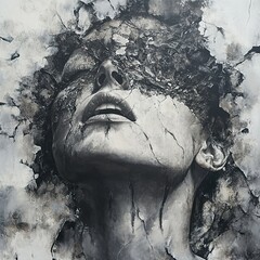 Wall Mural - Cracked Portrait: A Monochrome Expression of Pain and Resilience