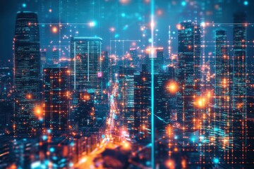 Aufkleber - Vibrant cityscape illuminated by glowing skyscrapers and neon lights during nightfall in a bustling urban environment. Generative AI