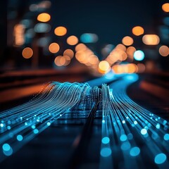 Fototapete - A vibrant, abstract representation of light trails on a road, showcasing a blend of blue tones and blurred city lights, evoking a sense of motion and energy.