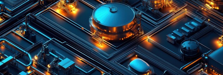 Poster - Geometric industrial pattern showcasing oil tanks pipes and rigs with illuminated details in a complex layout. Generative AI