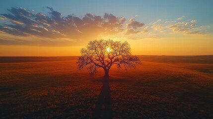 Wall Mural - A shadow of a tree across a vast plain as the sun sets on the horizon, casting a dramatic and peaceful scene.