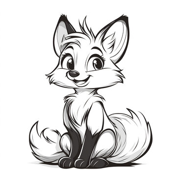 cute fox, smiling and sitting down, in a simple doodle style. Vector line art, clipart on a white background. 