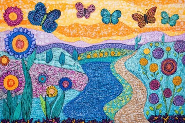 Wall Mural - Colorful Landscape with Butterflies and Flowers