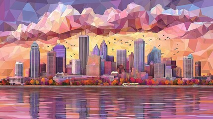 Wall Mural - Colorful Geometric Cityscape Illustration of Philadelphia at Sunset