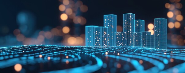 Poster - A futuristic cityscape with glowing blue buildings and intricate road patterns, symbolizing advanced technology and urban development.