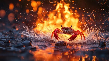 Wall Mural - Red Crab Splashing Through Water Near Fiery Background at Sunset