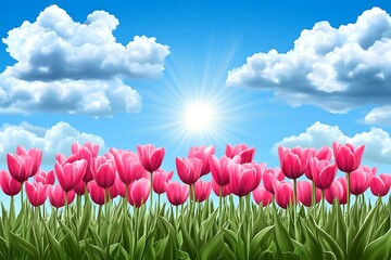 Wall Mural - Pink Tulips Under a Vibrant Spring Sky