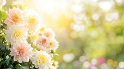 Wall Mural - Vibrant dahlia flowers in full bloom showcase their colors under warm sunlight in a lush garden on a sunny summer day