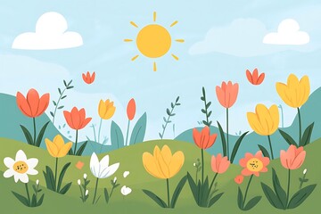 Wall Mural - Springtime Meadow with Colorful Tulips