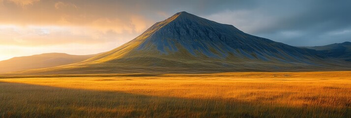 Wall Mural - The shadow of a large mountain casting across a grassy plain as the early morning sun rises behind it.