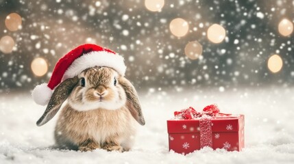 Wall Mural - A fluffy bunny wearing a Santa hat sits in the snow surrounded by festive decorations, capturing the joy of the holiday spirit