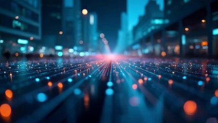 Futuristic city street with digital network. Concept of technology, innovation, and the future.