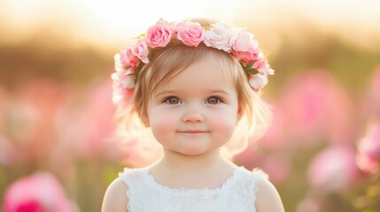 Wall Mural - Little girl with a floral crown smiles gently in a garden full of blooming roses under warm sunlight