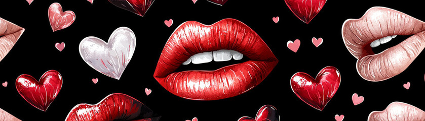 Poster - Vibrant Lips and Hearts on Black Background Ideal for Valentine's Day or Romantic Themes