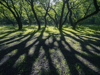 Wall Mural - The shadow of branches swaying gently in the breeze, creating a dynamic pattern on the forest floor.