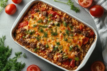 Wall Mural - Casserole with ground beef, rice, tomato sauce, vegetables, and cheese, garnished with fresh dill